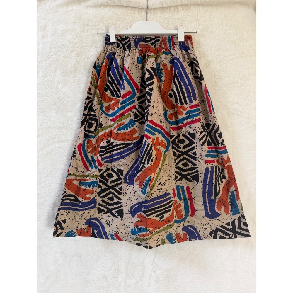 Vintage Made in USA Abstract Tribal Print Cotton Midi Skirt Elastic Waist S
